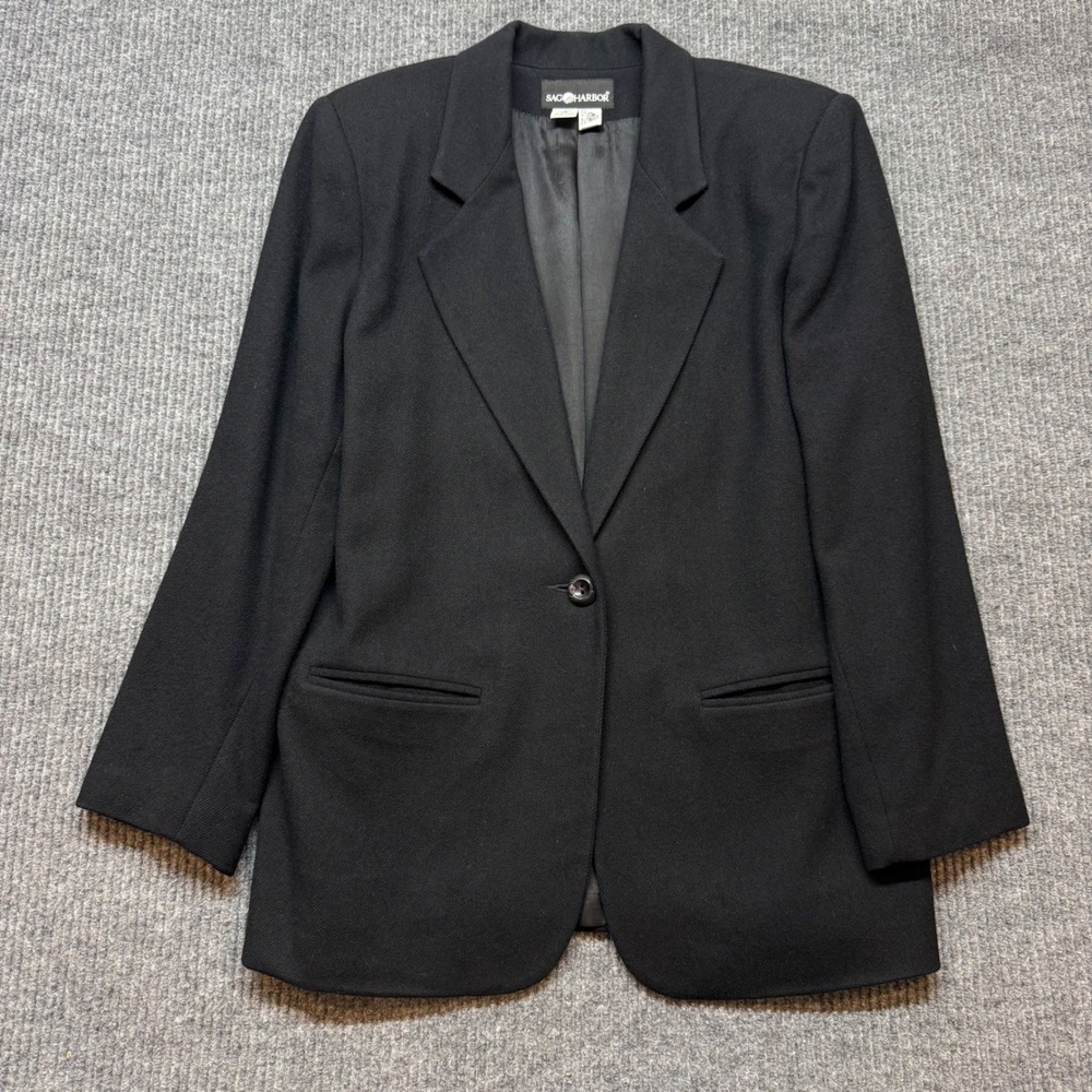 Vintage Sag Harbor Wool Blazer Womens 12 Black Padded Shoulder 90s Jacket